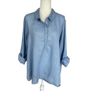 Jones New York Linen Popover Roll Tab Sleeve Top Blue Sz 2X Minimalist Casual
